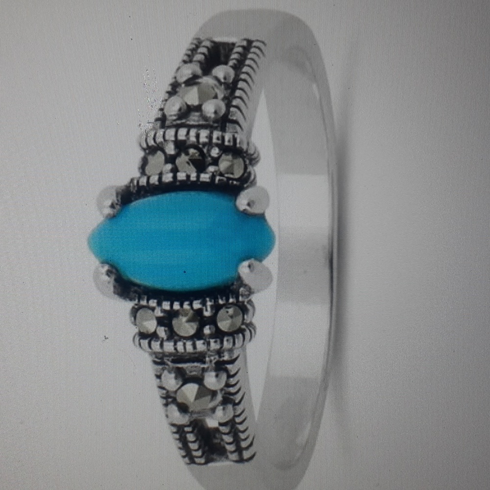 Vtg Sterling Silver 925, Simulated Turquise Genuine Marquise Marcasite Ring Sz 7